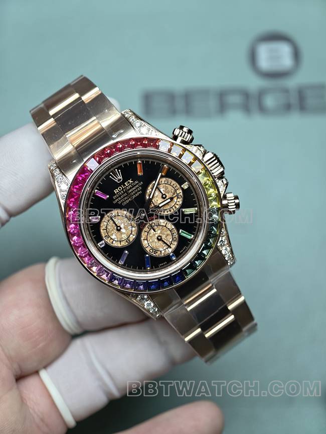 超级克隆手表劳力士黑盘迪通拿真金真钻定制彩虹钻圈玫瑰金正面实拍图