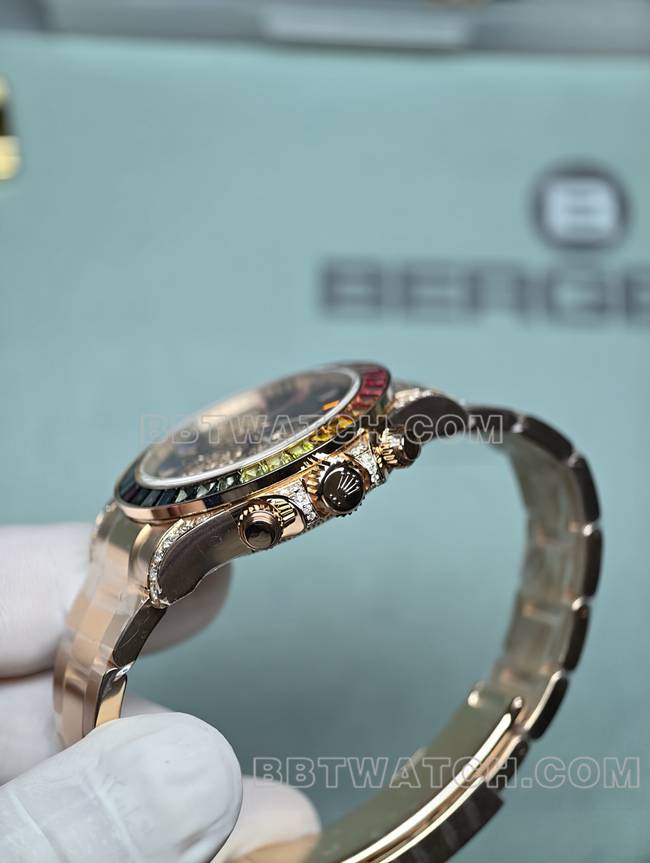 超级克隆手表劳力士黑盘迪通拿真金真钻定制彩虹钻圈玫瑰金侧面实拍图