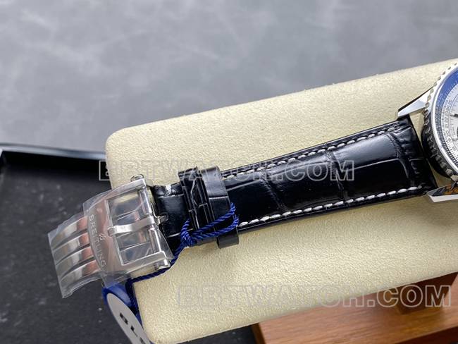 超级克隆手表BLS厂航空计时百年灵银灰盘棕色皮带款表扣实拍图