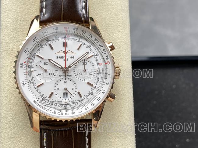 最优复刻手表航空计时BLS厂百年灵玫瑰金白盘皮带款正面实拍图