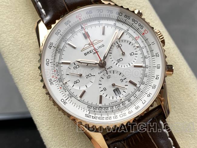 最优复刻手表航空计时BLS厂百年灵玫瑰金白盘皮带款正面实拍图