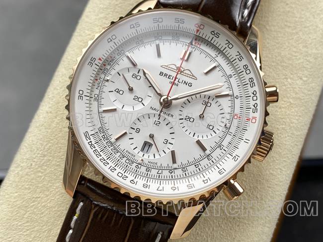 最优复刻手表航空计时BLS厂百年灵玫瑰金白盘皮带款正面实拍图