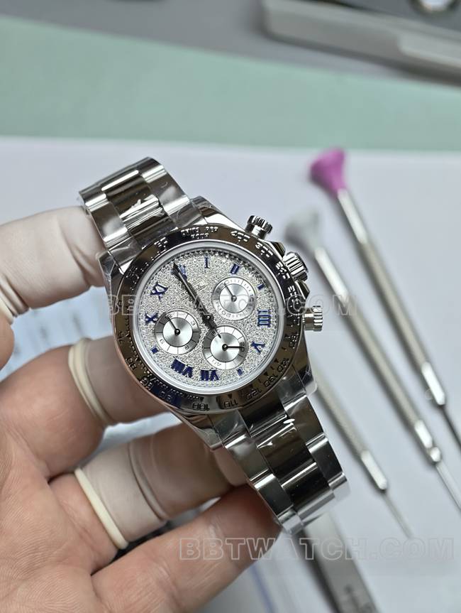 最佳复刻手表劳力士钻盘迪通拿真金真钻定制白金正面实拍图