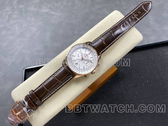 最优复刻手表航空计时BLS厂百年灵玫瑰金白盘皮带款正面实拍图