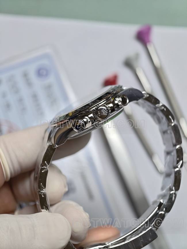 最佳复刻手表劳力士钻盘迪通拿真金真钻定制白金侧面实拍图