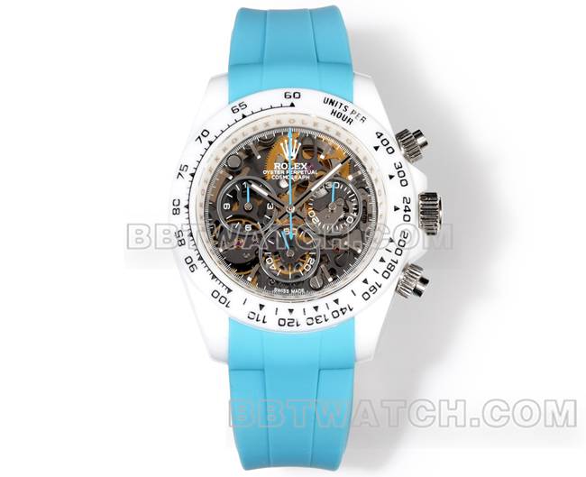 超级克隆手表劳力士TW厂迪通拿白壳蓝色橡胶表带正面实拍图