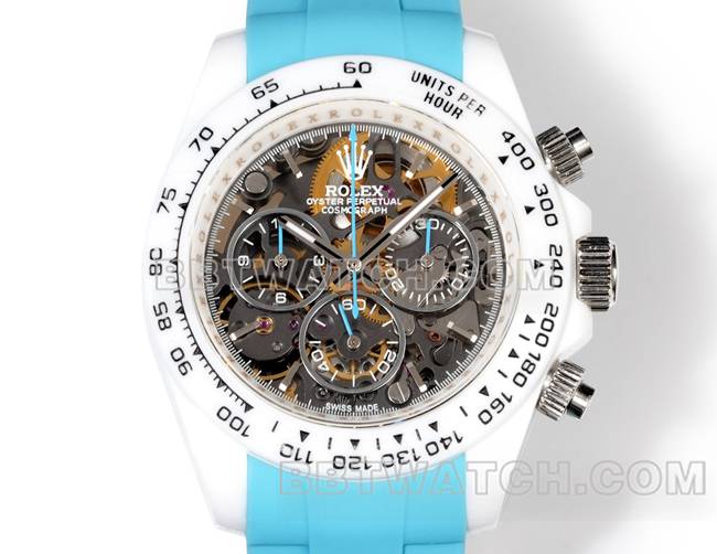 超级克隆手表劳力士TW厂迪通拿白壳蓝色橡胶表带正面实拍图