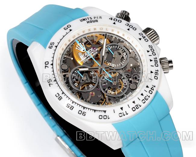超级克隆手表劳力士TW厂迪通拿白壳蓝色橡胶表带正面实拍图