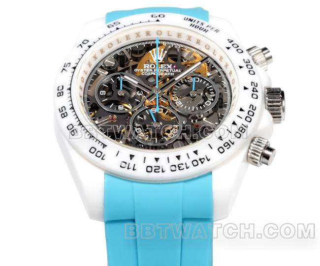 超级克隆手表劳力士TW厂迪通拿白壳蓝色橡胶表带正面实拍图