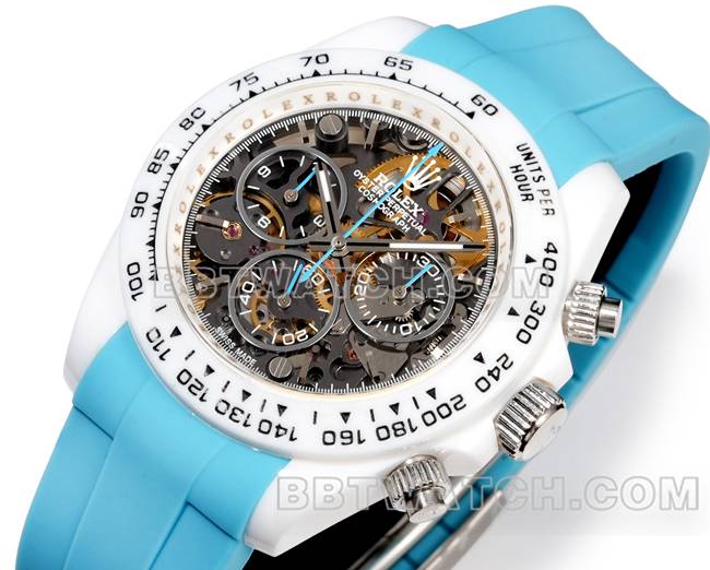 超级克隆手表劳力士TW厂迪通拿白壳蓝色橡胶表带正面实拍图