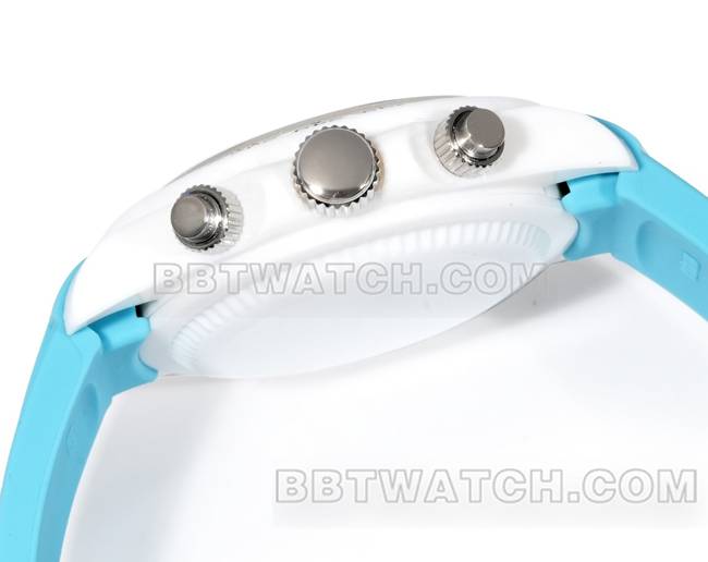 超级克隆手表劳力士TW厂迪通拿白壳蓝色橡胶表带侧面实拍图