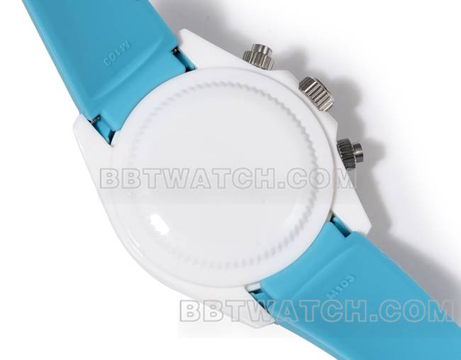 超级克隆手表劳力士TW厂迪通拿白壳蓝色橡胶表带背面实拍图