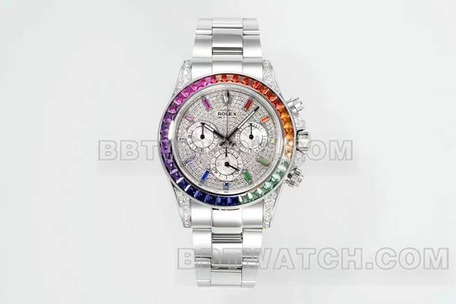 1:1复刻手表迪通拿RX厂劳力士彩虹钻圈钻表盘机械正面实拍图