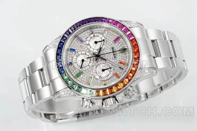 1:1复刻手表迪通拿RX厂劳力士彩虹钻圈钻表盘机械正面实拍图