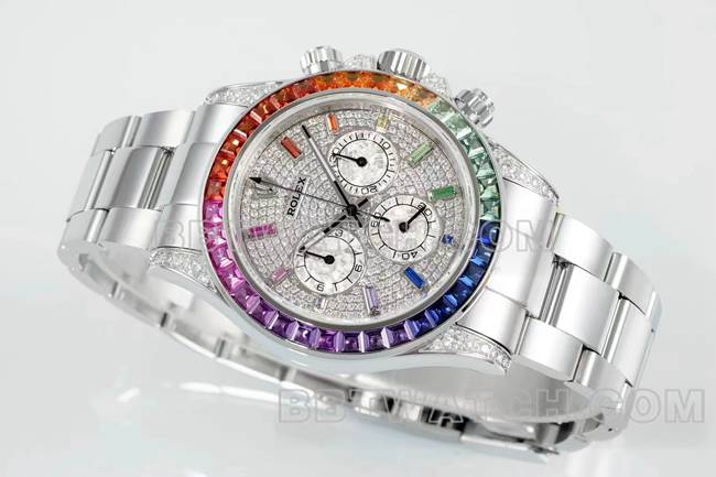 1:1复刻手表迪通拿RX厂劳力士彩虹钻圈钻表盘机械正面实拍图