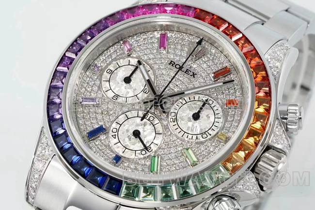 1:1复刻手表迪通拿RX厂劳力士彩虹钻圈钻表盘机械正面实拍图