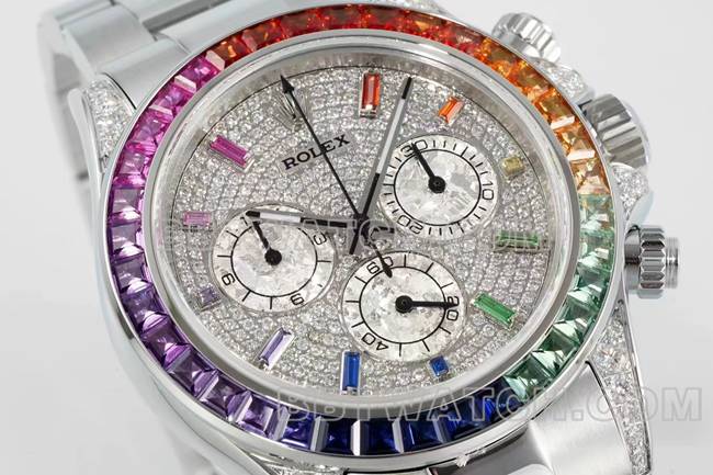1:1复刻手表迪通拿RX厂劳力士彩虹钻圈钻表盘机械正面实拍图