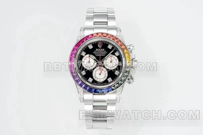 超级克隆手表迪通拿RX厂劳力士彩虹钻圈黑盘机械正面实拍图