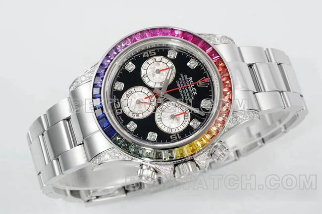超级克隆手表迪通拿RX厂劳力士彩虹钻圈黑盘机械正面实拍图