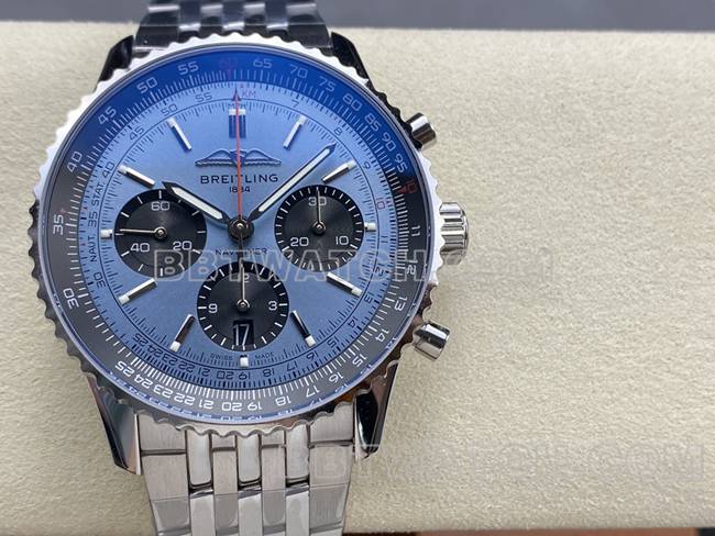 最优复刻手表百年灵BLS厂航空计时蓝盘钢带款正面实拍图