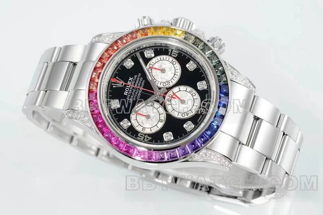 超级克隆手表迪通拿RX厂劳力士彩虹钻圈黑盘机械正面实拍图