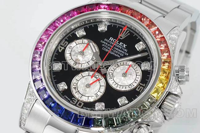 超级克隆手表迪通拿RX厂劳力士彩虹钻圈黑盘机械正面实拍图