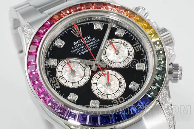 超级克隆手表迪通拿RX厂劳力士彩虹钻圈黑盘机械正面实拍图