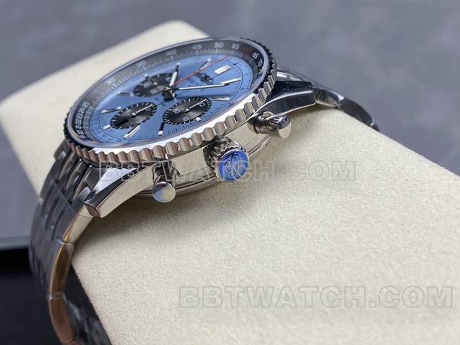 最优复刻手表百年灵BLS厂航空计时蓝盘钢带款侧面实拍图