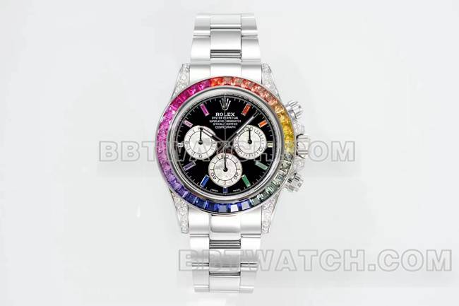 最佳复刻手表迪通拿RX厂劳力士彩虹钻圈黑盘机械正面实拍图