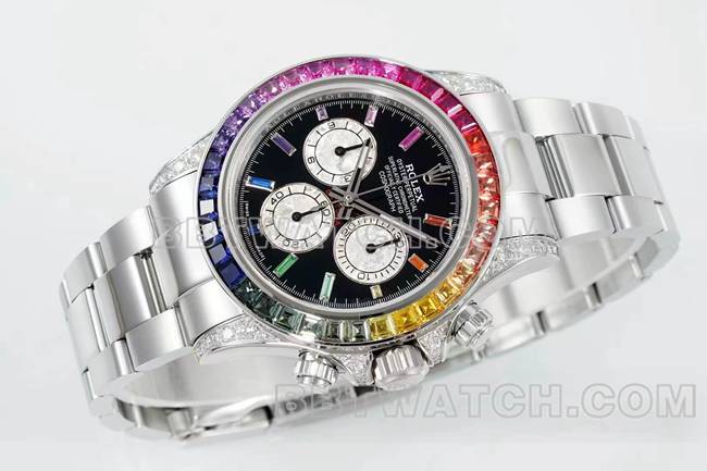 最佳复刻手表迪通拿RX厂劳力士彩虹钻圈黑盘机械正面实拍图