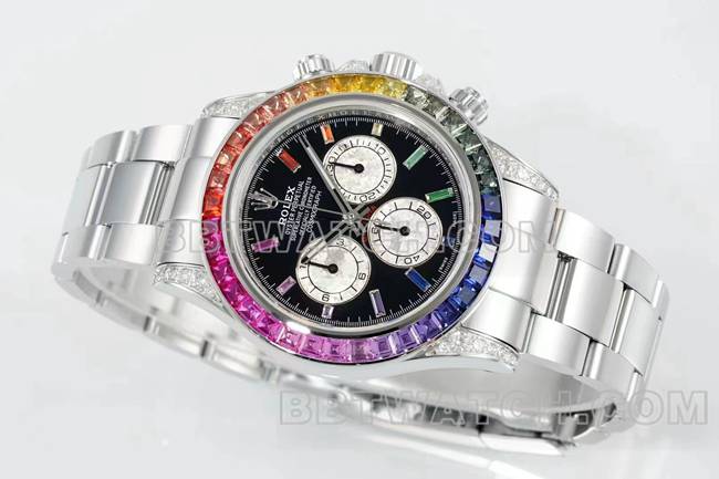 最佳复刻手表迪通拿RX厂劳力士彩虹钻圈黑盘机械正面实拍图