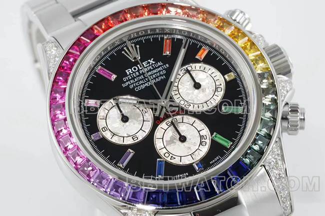 最佳复刻手表迪通拿RX厂劳力士彩虹钻圈黑盘机械正面实拍图