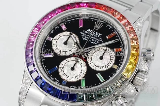 最佳复刻手表迪通拿RX厂劳力士彩虹钻圈黑盘机械正面实拍图