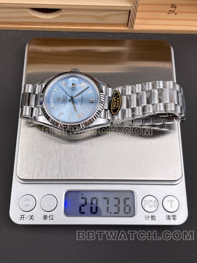 最优复刻手表CBD厂星期日历劳力士3255机械冰蓝盘40mm重量实拍图