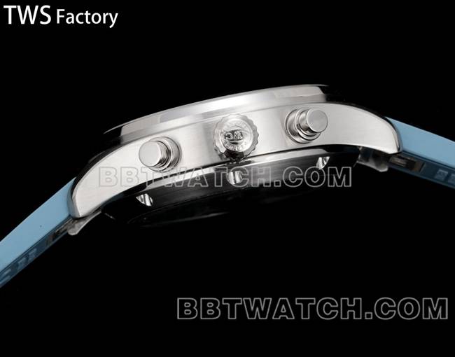 最优复刻手表飞行员TWS厂万国浅蓝盘橡胶款侧面实拍图