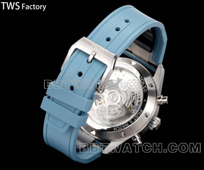 最优复刻手表飞行员TWS厂万国浅蓝盘橡胶款表带实拍图