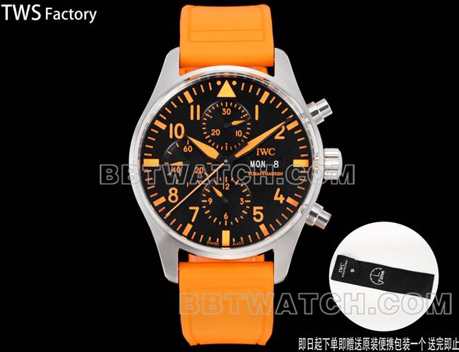 1:1复刻手表飞行员TWS厂万国黑盘橙色橡胶款正面实拍图