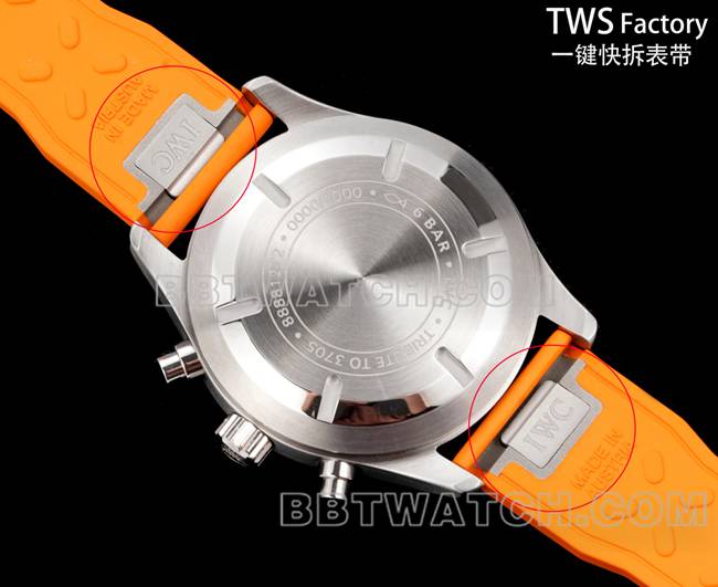 1:1复刻手表飞行员TWS厂万国黑盘橙色橡胶款背面实拍图