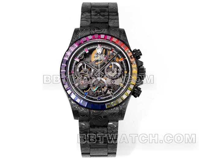 最优复刻手表TWF厂劳力士迪通拿碳纤维改装定制彩虹钻圈正面实拍图