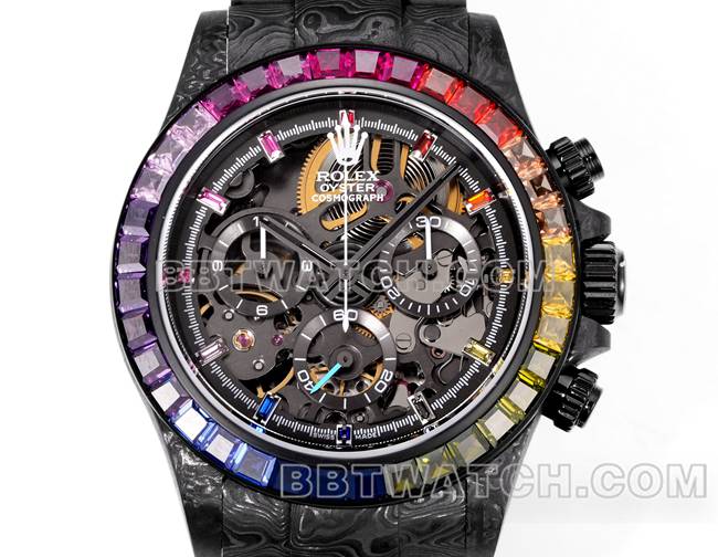 最优复刻手表TWF厂劳力士迪通拿碳纤维改装定制彩虹钻圈正面实拍图