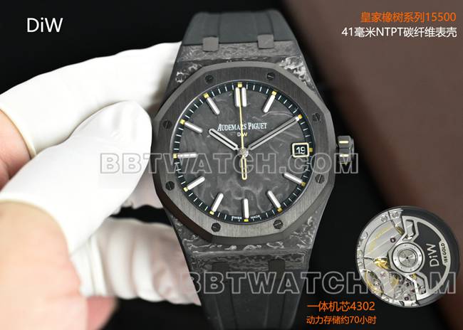 1:1复刻手表皇家橡树DiW厂爱彼碳纤维黄针15500正面实拍图