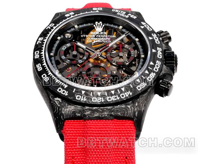 顶级复刻手表迪通拿TW厂劳力士黑盘红色尼龙表带正面实拍图