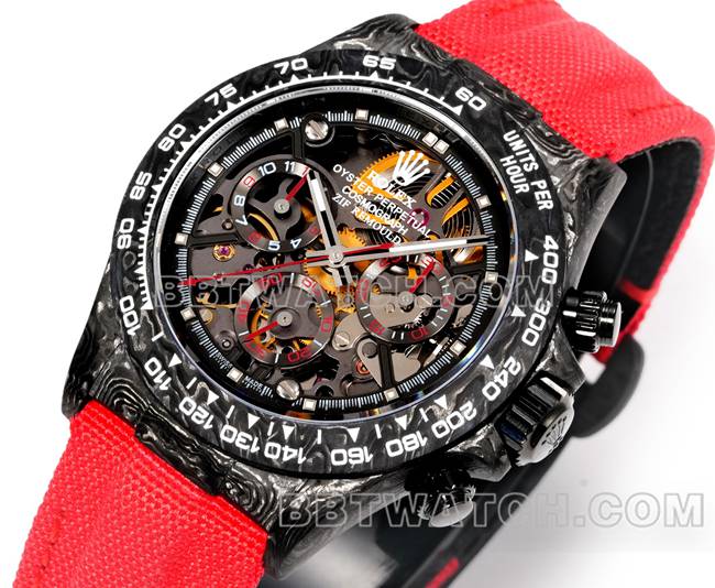 顶级复刻手表迪通拿TW厂劳力士黑盘红色尼龙表带正面实拍图