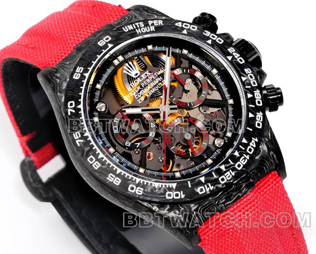 顶级复刻手表迪通拿TW厂劳力士黑盘红色尼龙表带正面实拍图