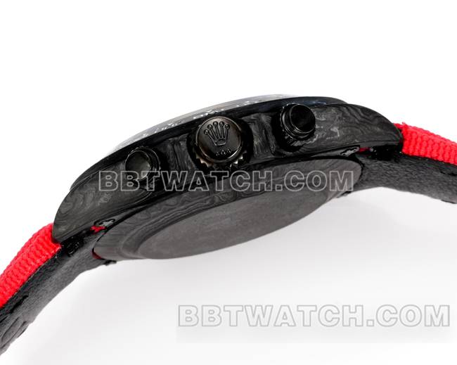 顶级复刻手表迪通拿TW厂劳力士黑盘红色尼龙表带侧面实拍图