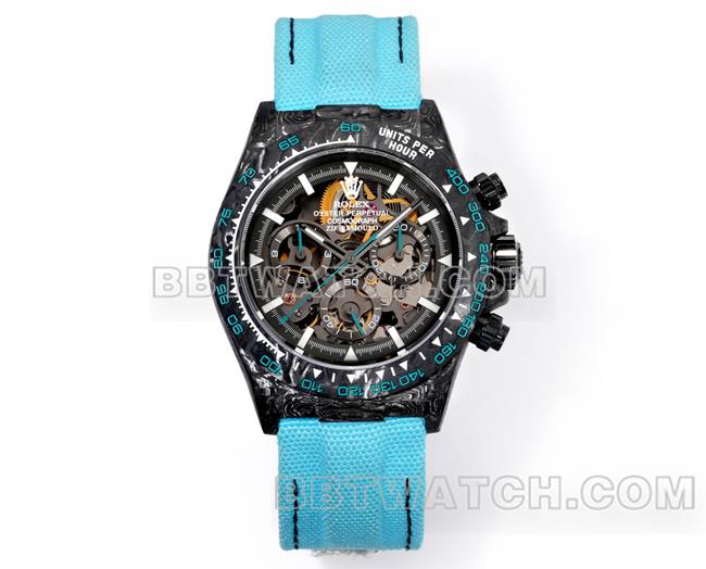 超级克隆手表TW厂劳力士迪通拿黑盘黑壳蓝色尼龙表带正面实拍图