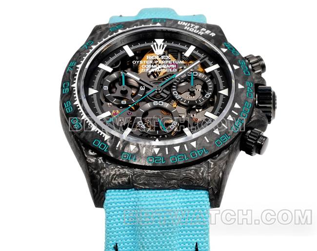 超级克隆手表TW厂劳力士迪通拿黑盘黑壳蓝色尼龙表带正面实拍图