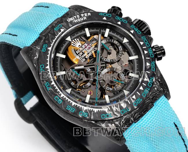 超级克隆手表TW厂劳力士迪通拿黑盘黑壳蓝色尼龙表带正面实拍图