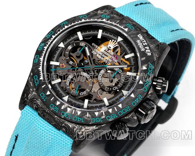 超级克隆手表TW厂劳力士迪通拿黑盘黑壳蓝色尼龙表带正面实拍图