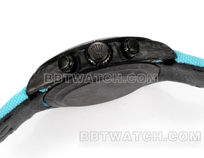 超级克隆手表TW厂劳力士迪通拿黑盘黑壳蓝色尼龙表带侧面实拍图